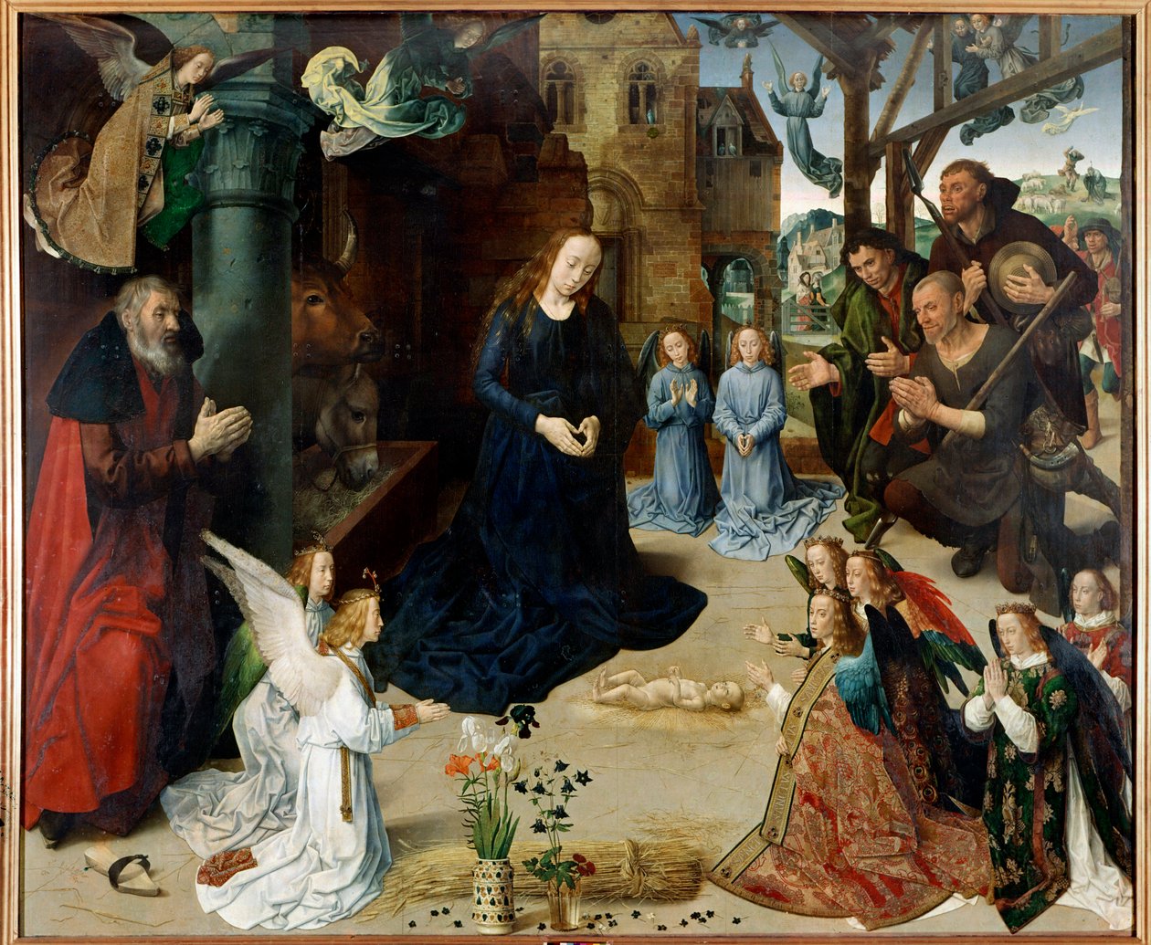 Tillbedjan av herdarna (Central Panel of the Tryptic of Portinari””. Målning av Hugo van der Goes (1440-1482). 1475 ca H/B. 253x304 cm. galleria degli Uffizi (Kontor), Florens - Tillbedjan av herdarna (centralpanelen i Portinari Triptyc av Hugo van der Goes