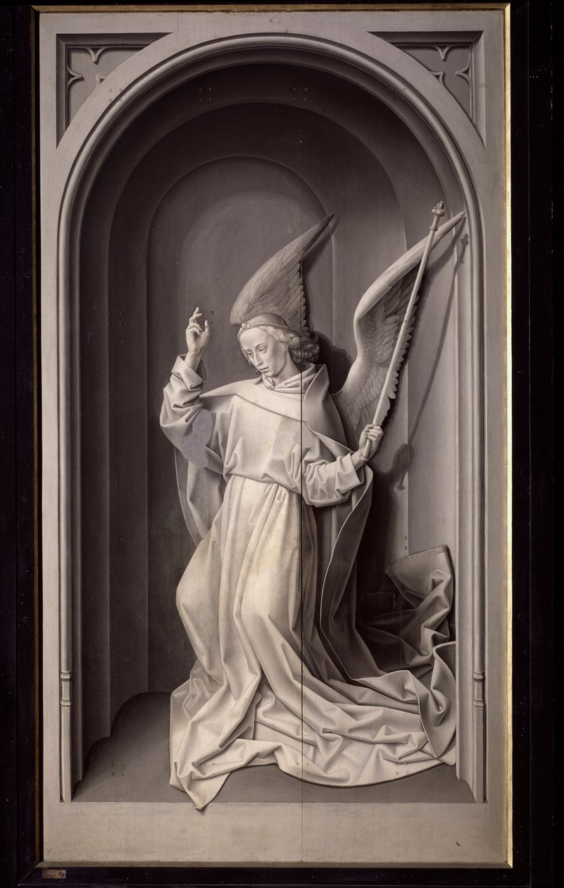 Bebådelsens ängel, ytterpanel på triptyken Portinari - olja på panel, c.1475 av Hugo van der Goes