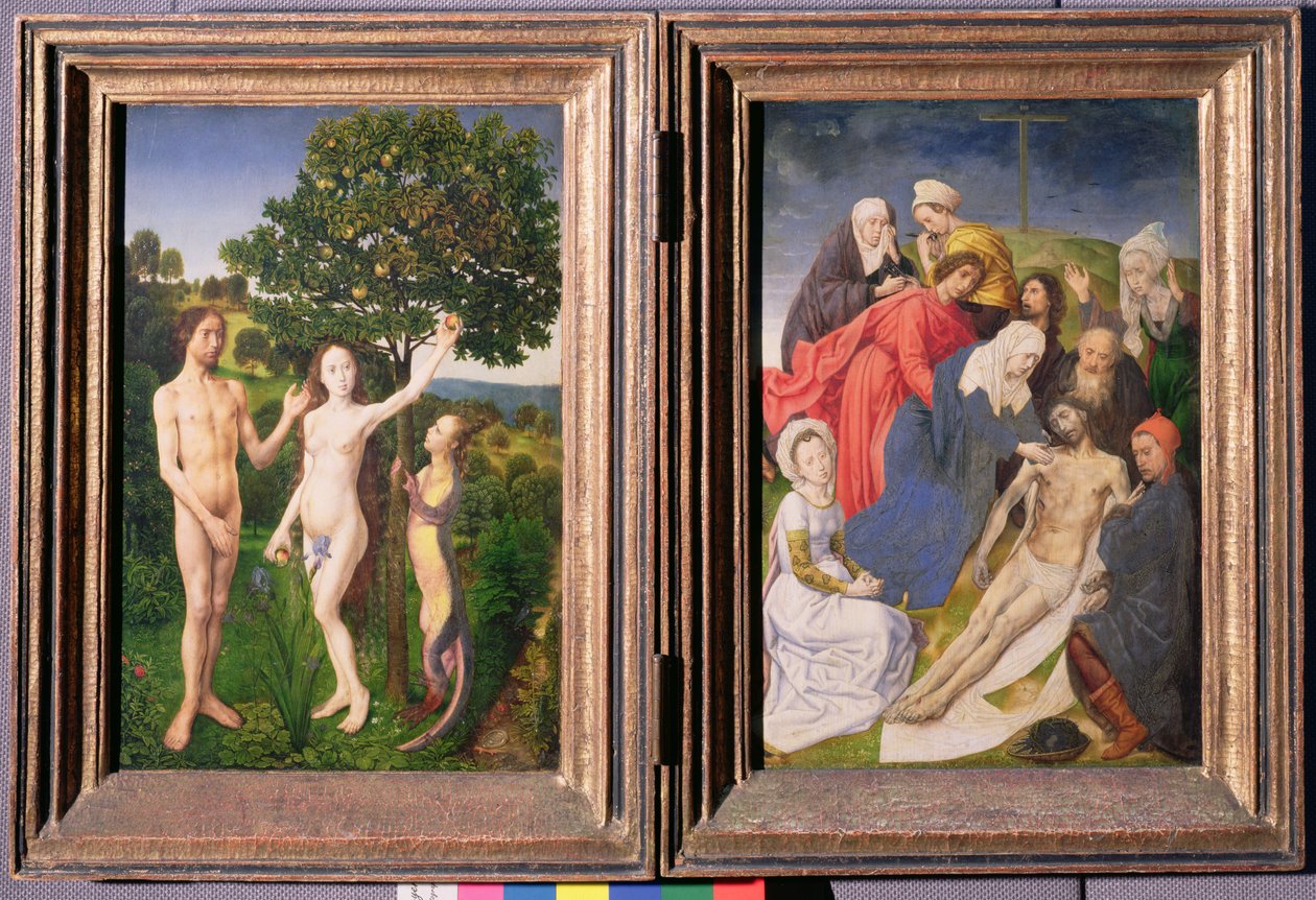 Diptyk: Människans syndafall (Adam och Eva, ormen och äpplet) och Jesu nedstigande från korset (efter 1479) av Hugo van der Goes