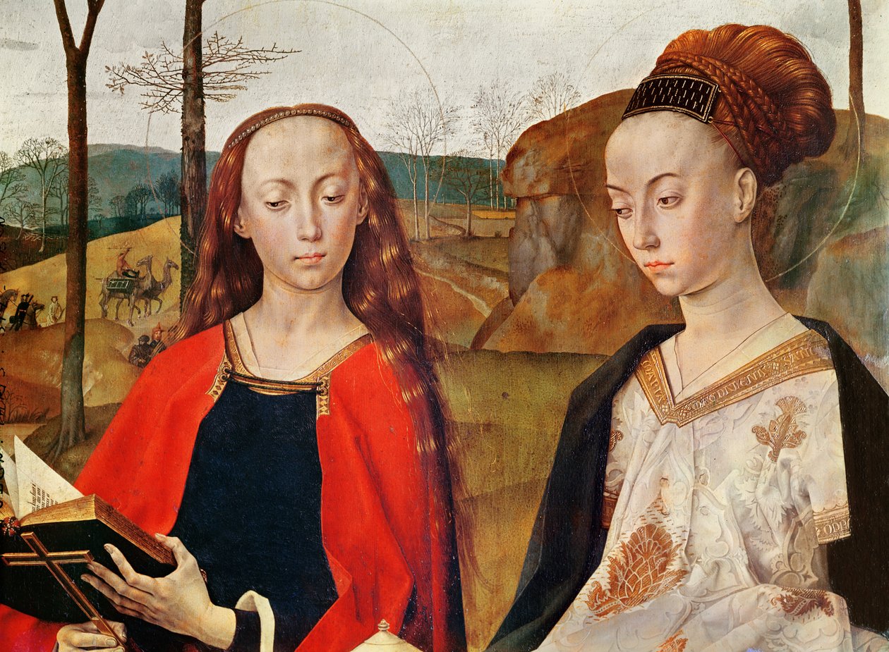 S:ta Margareta och S:ta Maria Magdalena. Detalj från Portinaris altartavla. Ca. 1479. olja på trä av Hugo van der Goes