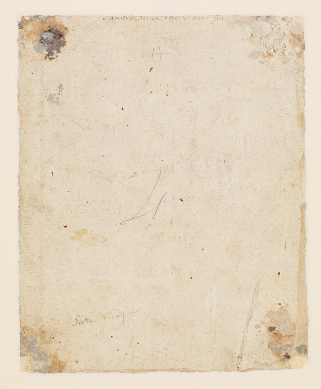 Inskription a tergo: övre mitten, brunt bläck, italiensk 1700-talshand: "Sandro scrive che sicuro fia"; under det, brunt bläck, 1800-talshand: "Petro Perugino", av Hugo van der Goes