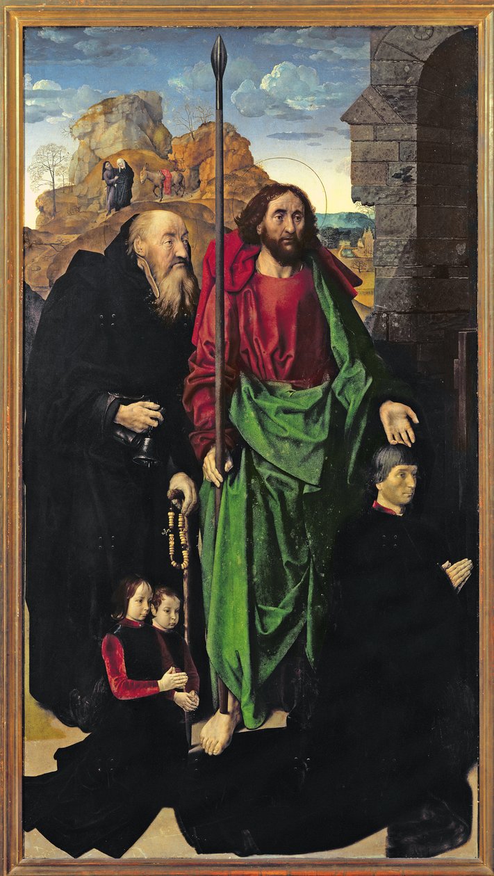 Portinari-altertavlen, St. Thomas og St. Anthony Eremiten med Tommaso Portinari og to sønner Antonio og Pigello, venstre fløj, ca. 1479 sverige av Hugo van der Goes