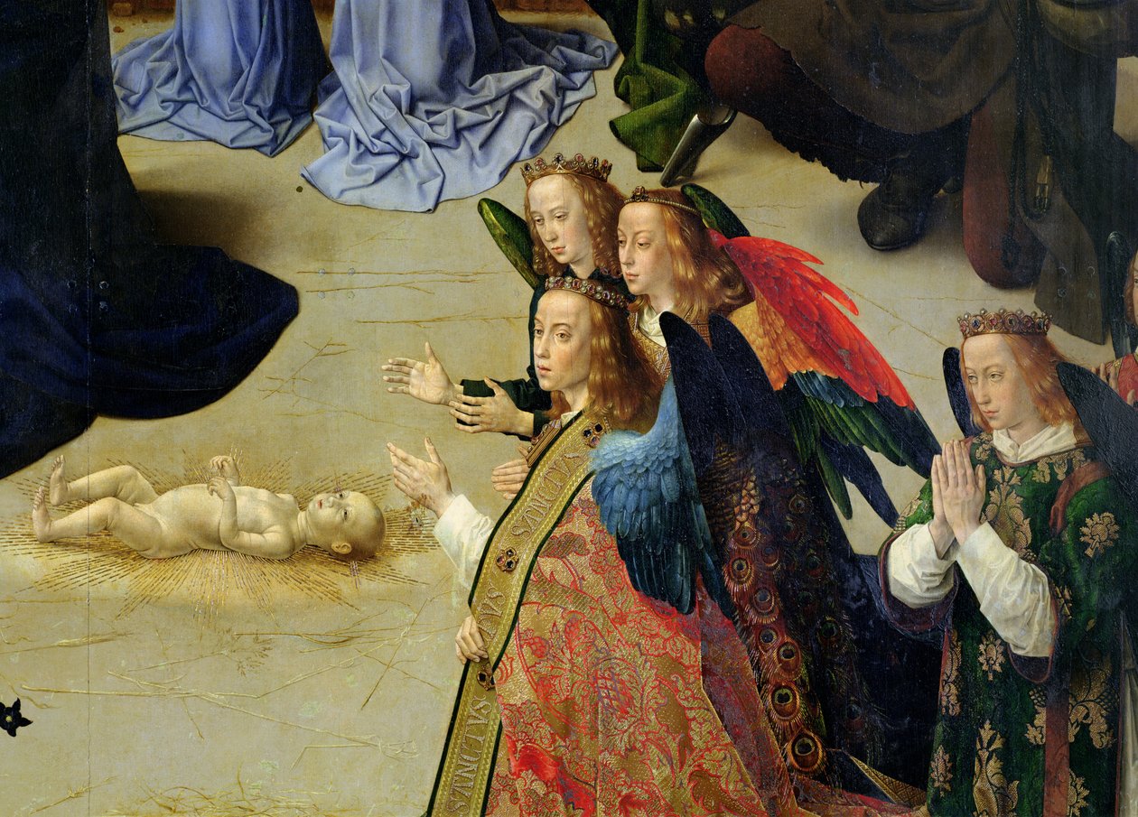 Portinari altartavla, detalj av de fyra änglarna och spädbarnet, c.1475 olja på paneldetalj av 9619 av Hugo van der Goes