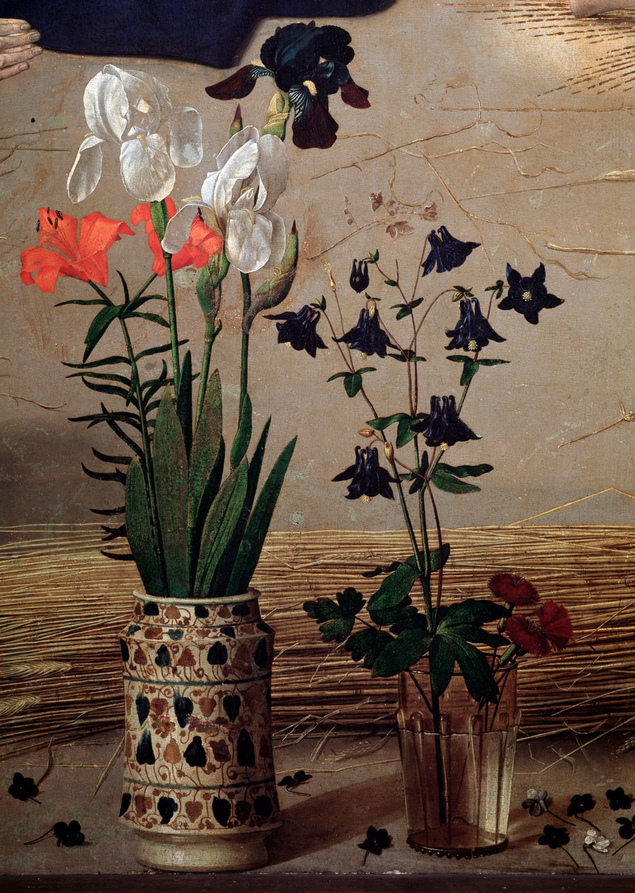 Triptyk Portinari: central detalj av blommor - olja på panel av Hugo van der Goes