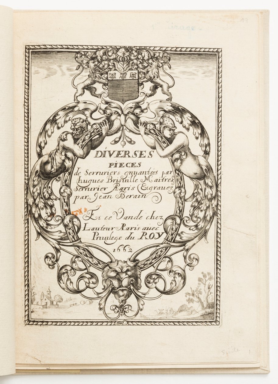 Titelsida, från Diverses pièces de serruriers (Various Designs for Locksmiths) av Hugues Brisville
