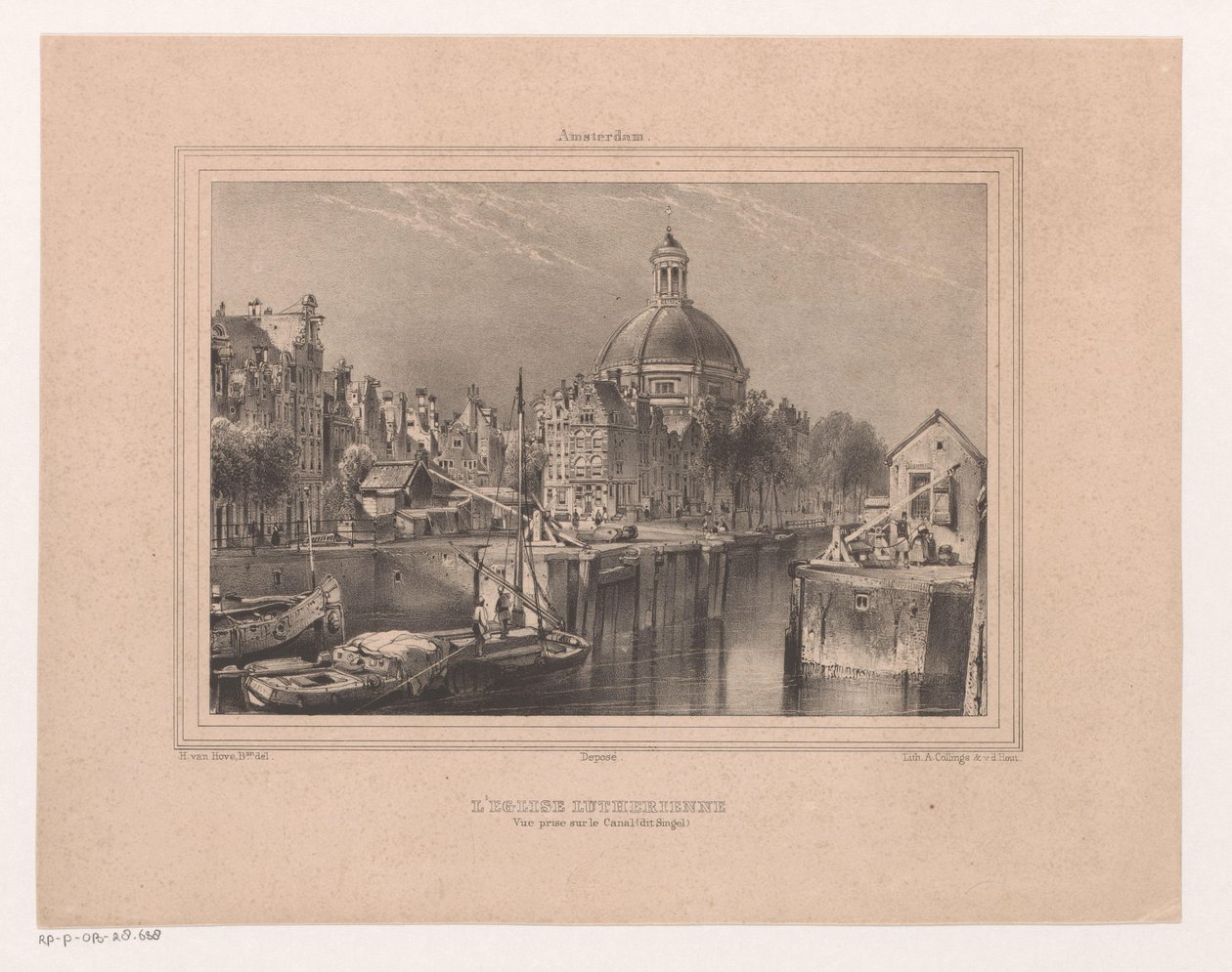 Gezicht op de Stromarkt, het Singel en de Lutherse kerk Den lutherska kyrkan. Utsikt tagen på kanalen (känd som Singel) (titel på objekt) Souvenir of Amsterdam Åtta vyer ritade och litografier från livet av H. van Hove Bz. (serietitel) av Huib van Hove Bz