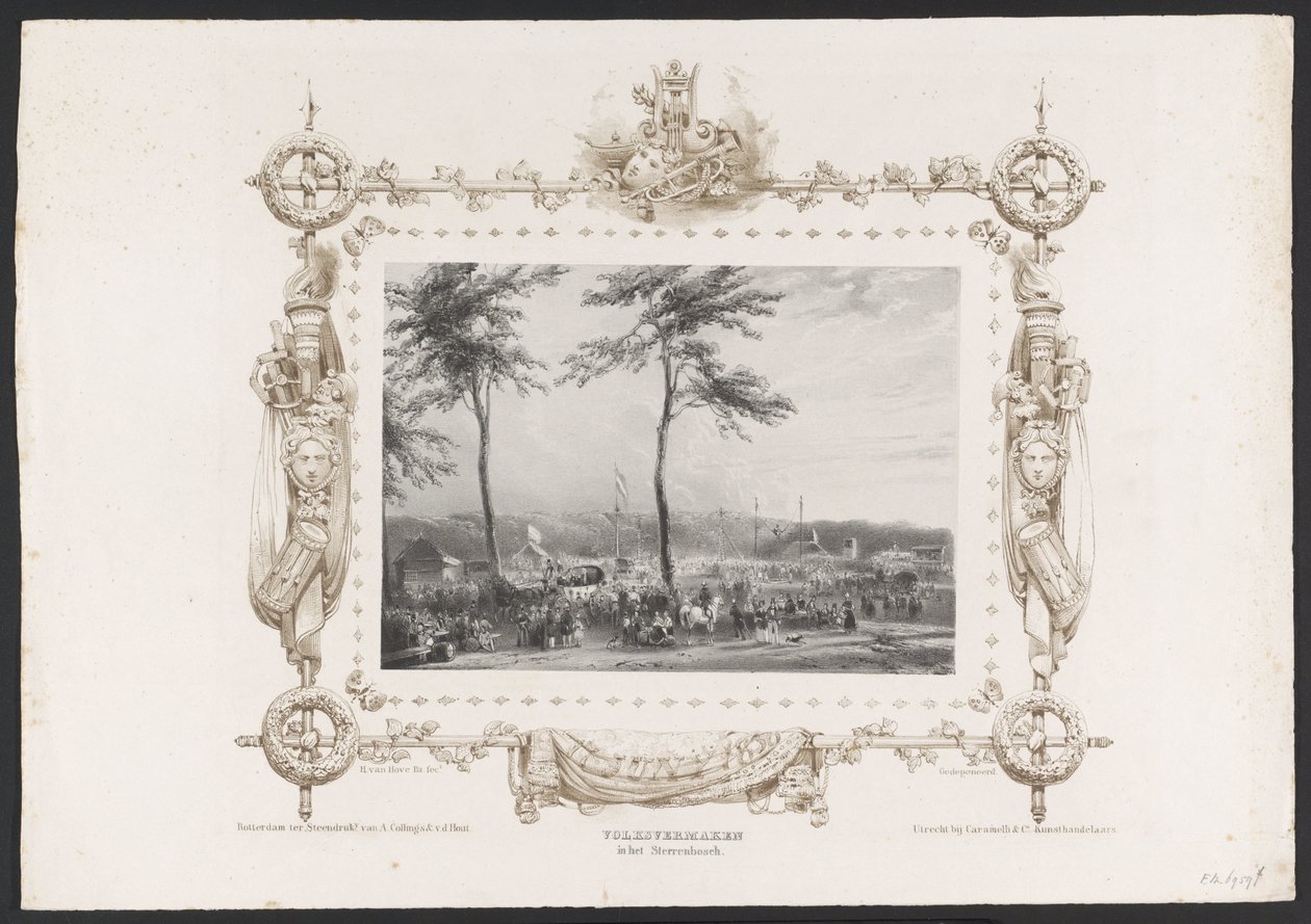 Nöjesfält och annat nöjen, 1836 Populär underhållning i Sterrenbosch / 17 juni 1836 (titel på objekt) Plattor för firandet av det andra hundraårsjubileet av Utrechtsche Hogeschool, 1836 (serietitel) av Huib van Hove Bz