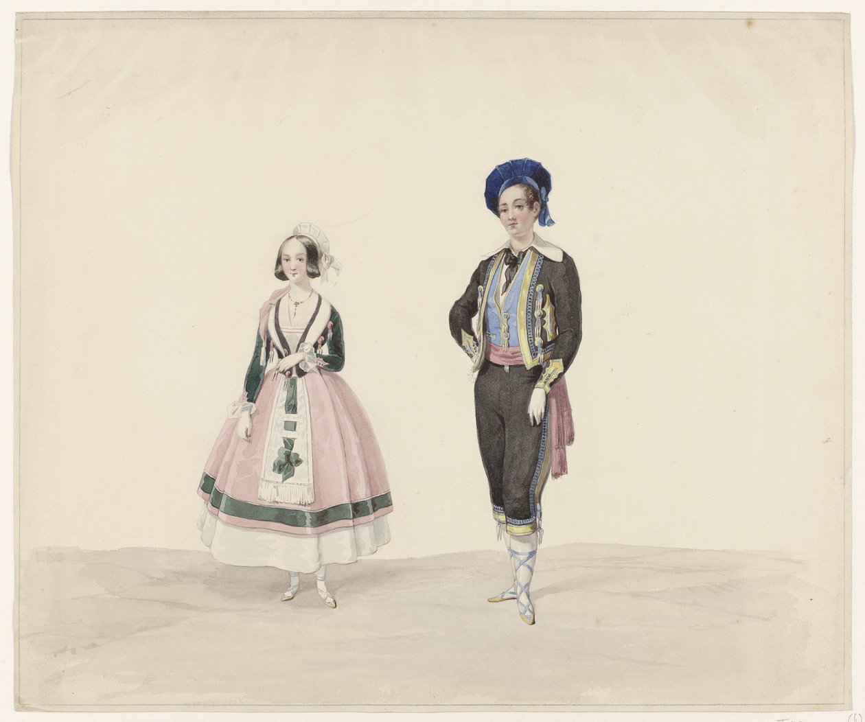 Man och kvinna i tidstypisk dräkt, 1841 Sex akvareller av historiska dräkter för kostymbalen 1841 (serietitel) av Huib van Hove Bz