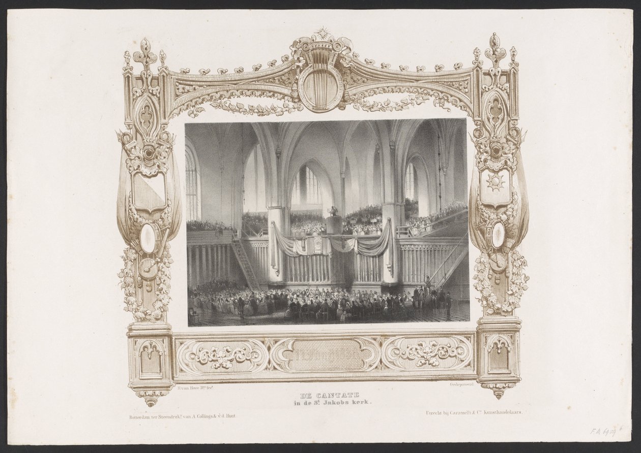 Procession med tryckpress, 1836 Kantaten i St. Jakobs kyrka / 17 juni 1836 (titel på objekt) Plattor för firandet av det andra hundraårsjubileet av Utrechtsche Hogeschool, 1836 (serietitel) av Huib van Hove Bz