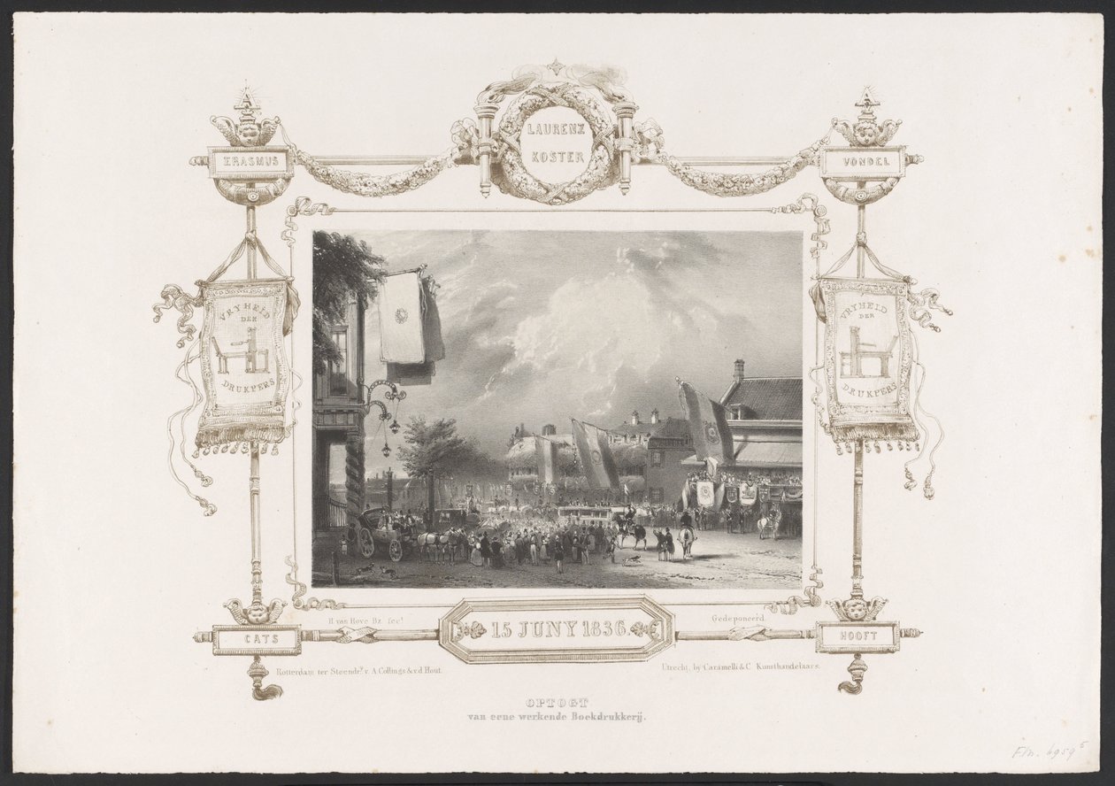 Procession med tryckpress, 1836 Optogt van eene working Drukkerij / 15 juni 1836 (titel på objekt) Plattor för firandet av det andra hundraårsjubileet av Utrechtsche Hogeschool, 1836 (serietitel) av Huib van Hove Bz