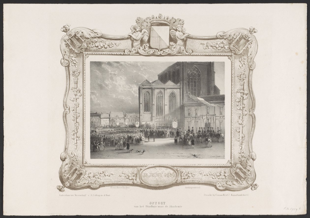 Procession från Stadshuset till Akademibyggnaden, 1836 Himmelsfärd från Stadshuset till Akademien (titel på objekt) Plattor för firandet av det andra hundraårsjubileet av Utrechtsche Hogeschool, 1836 (serietitel) av Huib van Hove Bz
