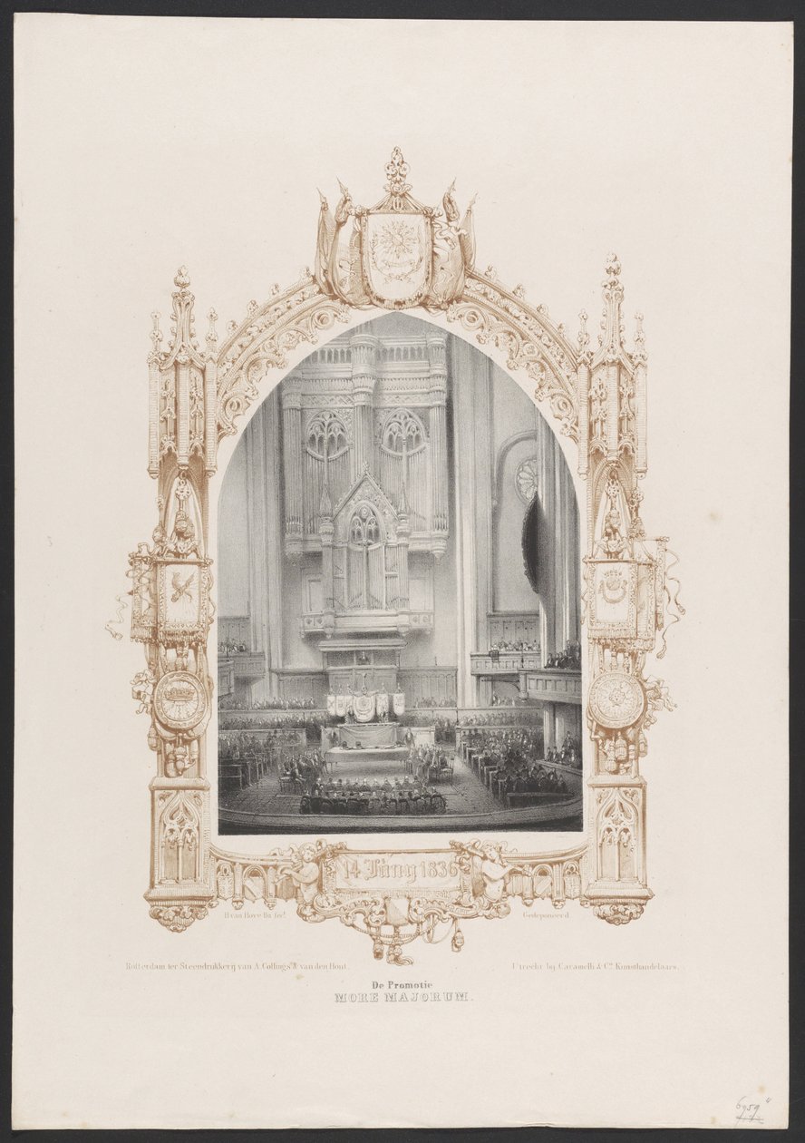 Promotion More Majorum, 1836 The Promotion More Majorum / 14 juni 1836 (titel på objekt) Plattor för firandet av det andra hundraårsjubileet av Utrechtsche Hogeschool, 1836 (serietitel) av Huib van Hove Bz