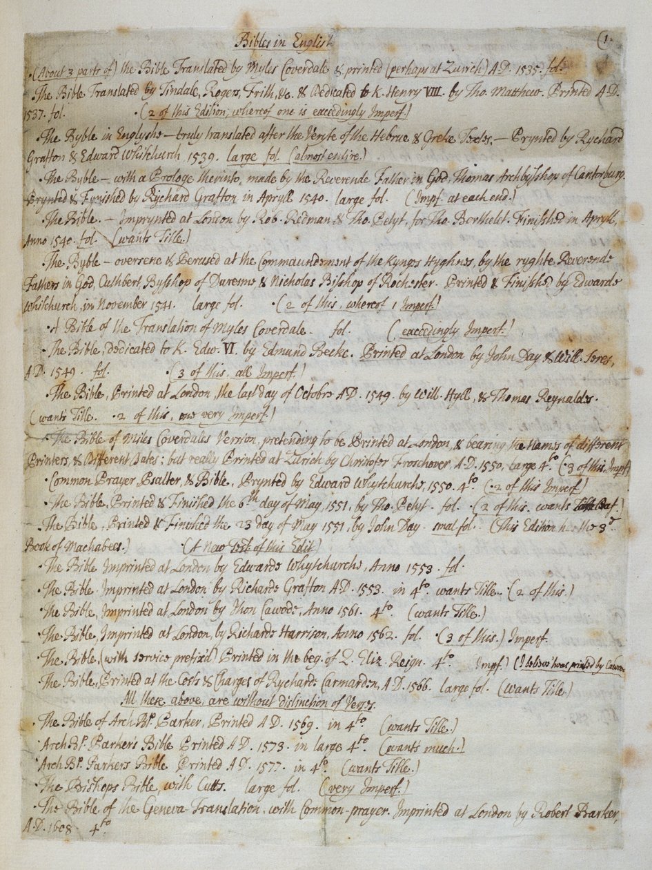 Ms.CF57 Katalog över biblar vid St. Pauls Cathedral, 1707 av Humphrey Wanley