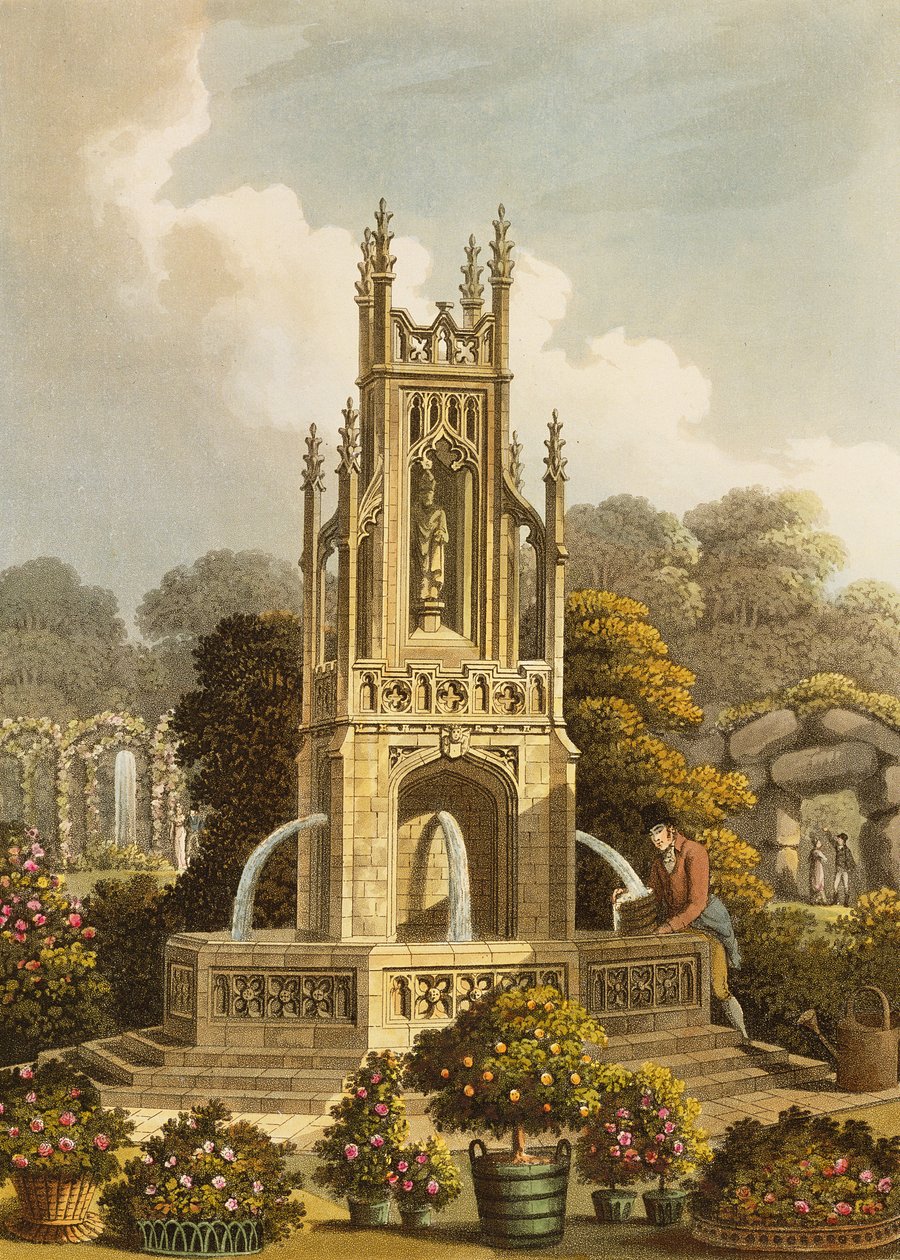 Design för en ledning, föreslagen på Ashridge, med avlägsen utsikt över rosenkransen och munkens trädgård, från "fragment om teorin och praktiken av landskapsträdgårdsskötsel", pub. 1816 av Humphry Repton
