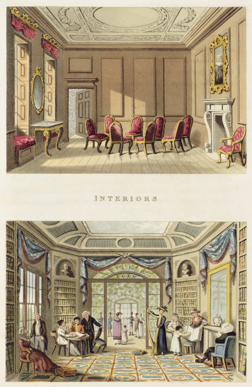Interiörer: The Old Cedar Parlor och The Modern Living Room, från "Fragment on the Theory and Practice of Landscape Gardening", pub. 1816 av Humphry Repton