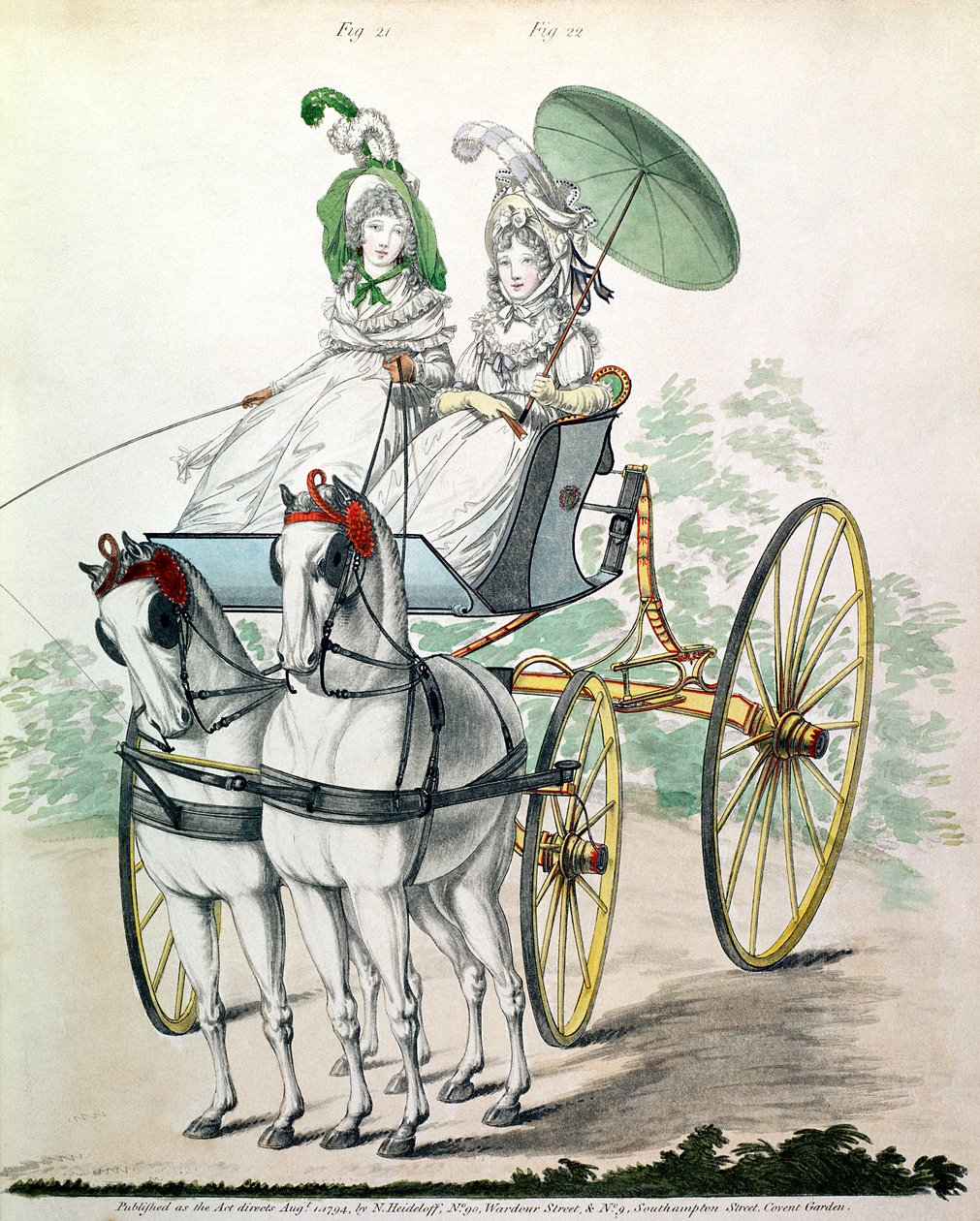 Två unga damer i kattunsklänningar som tar en luftning i en phaeton, från "Gallery of Fashion". av Humphry Repton