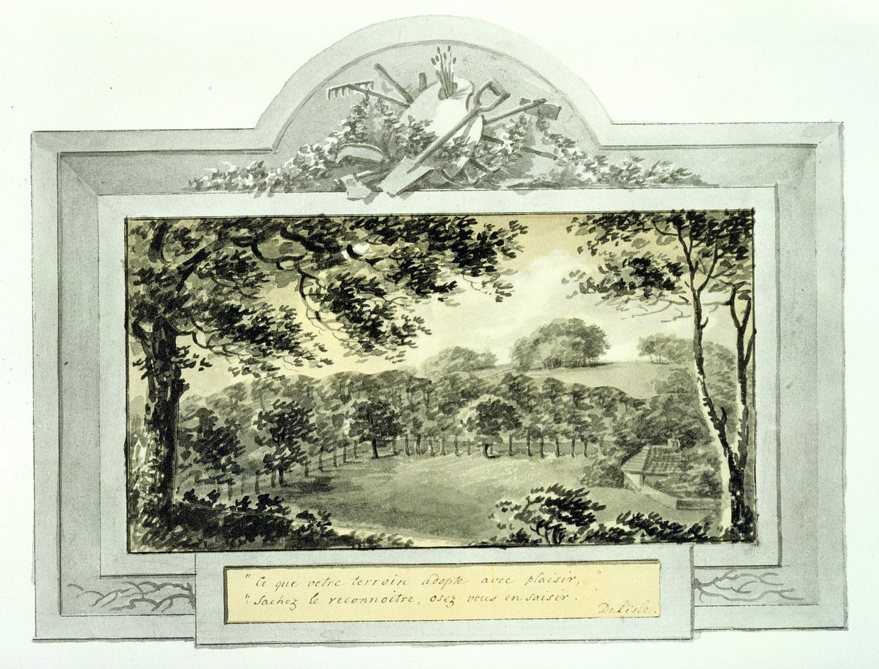 "Efter"-vy av tomten, från Röda boken för Antony House, c.1812 (bläck på papper) (se 170692 för "före"-vy) av Humphry Repton