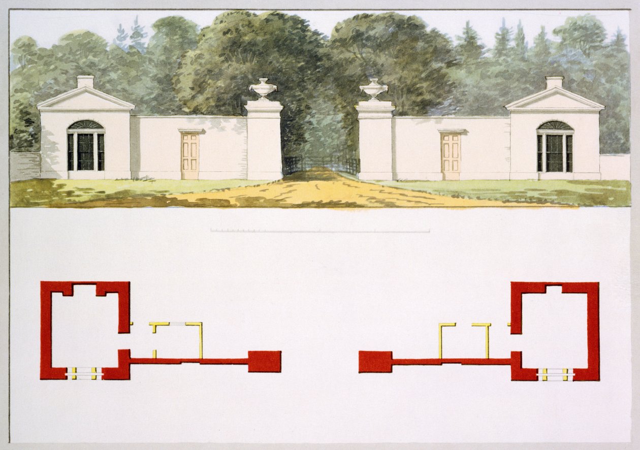 Höjd- och markplaner för föreslagen ny ingångsport och loger, från Röda boken för Antony House, c.1812 (wc på papper) av Humphry Repton