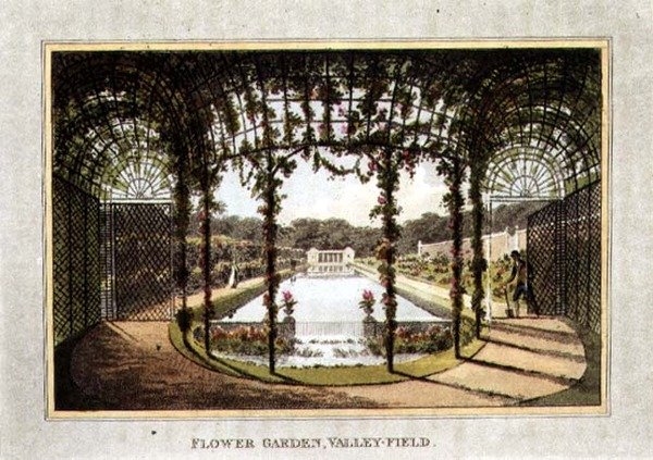 Flower Garden, Valley-Field, från "fragment om teorin och praktiken av trädgårdsskötsel", pub. 1816 (lito i färg) av Humphry Repton