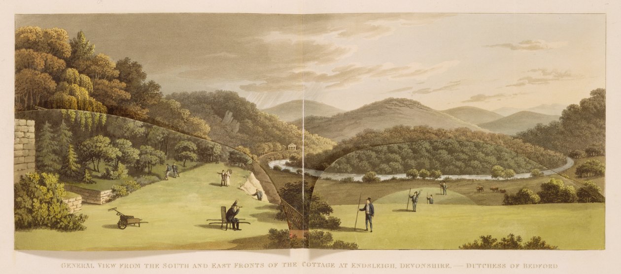 Allmän vy från söder- och östfronten av stugan i Endsleigh, Devon (före) från "Fragment on the Theory and Practice of Landscape Gardening", pub. 1816 (färg litho) (se även 103914) av Humphry Repton