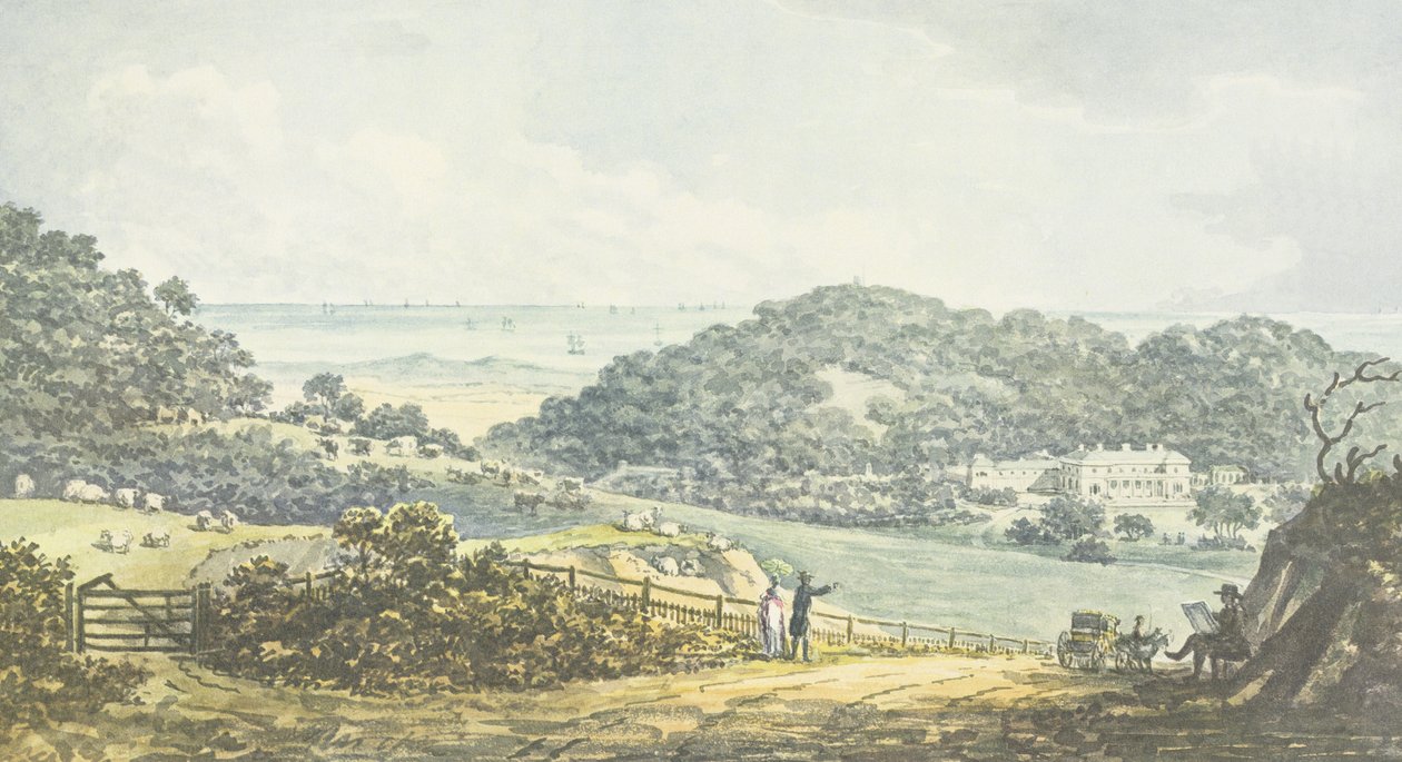 Panoramautsikt "efter" från Röda boken för Antony House, c.1812 av Humphry Repton