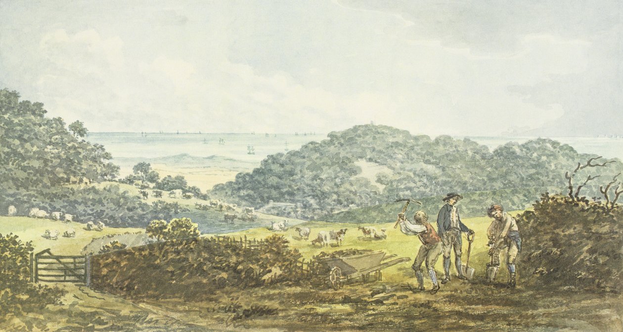 Panoramautsikt "före" från Röda boken för Antony House, c.1812 av Humphry Repton