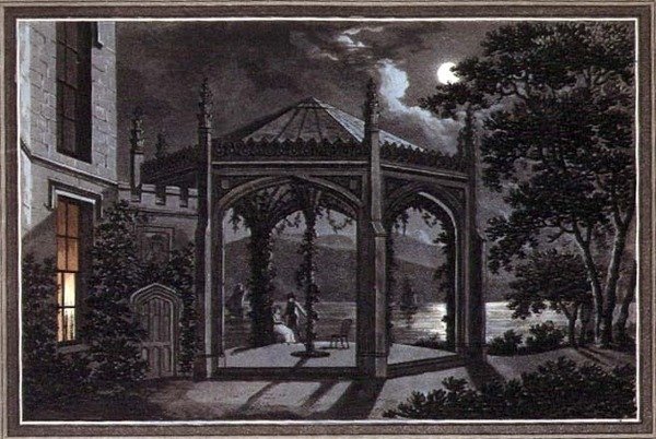 Paviljong och växthus för en gotisk herrgård, från "Observations on the Theory and Practice of Landscape Gardening", pub. 1802 (lito i färg) av Humphry Repton