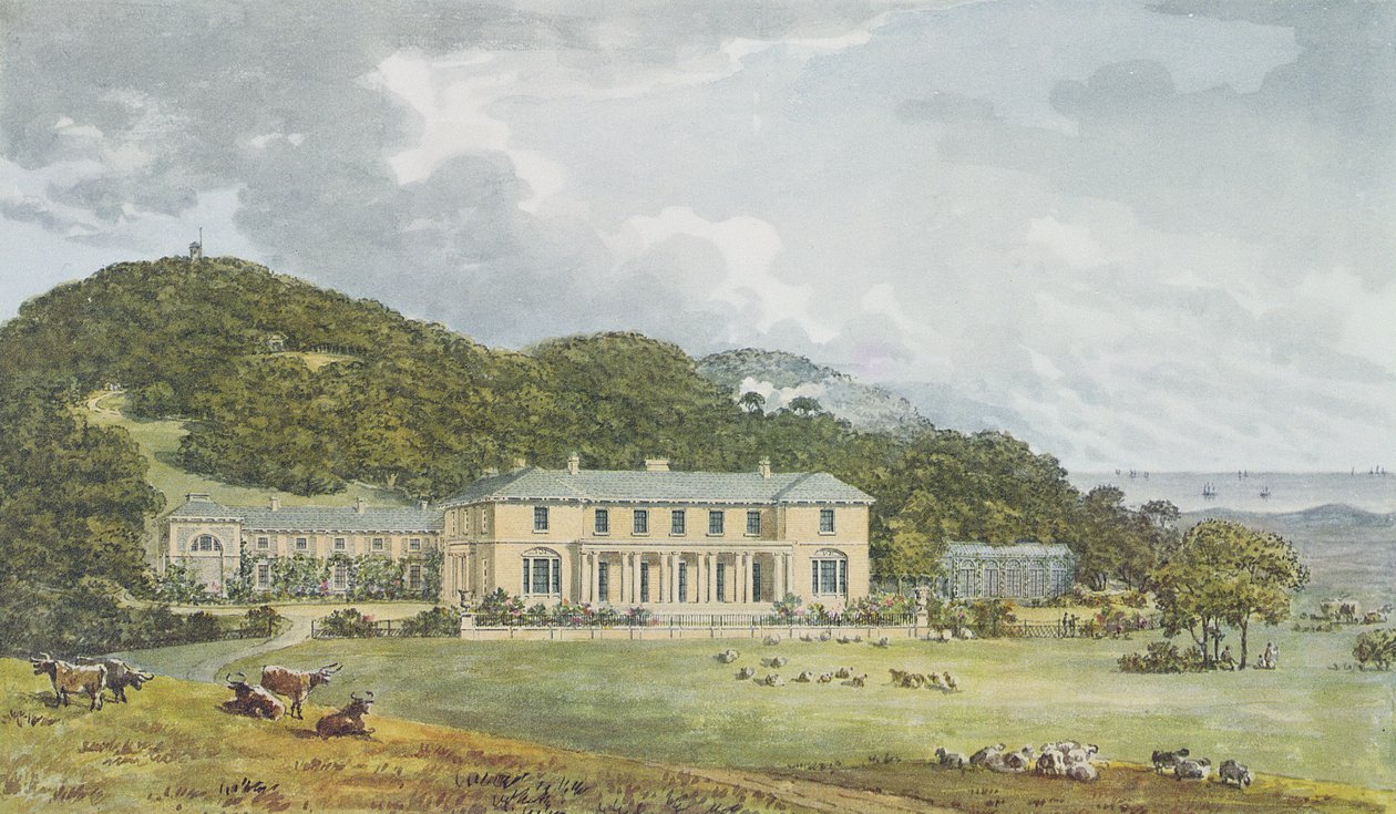 Södra framsidan med västra framsidan i perspektiv, från Red Book för Antony House, ca 1812 av Humphry Repton