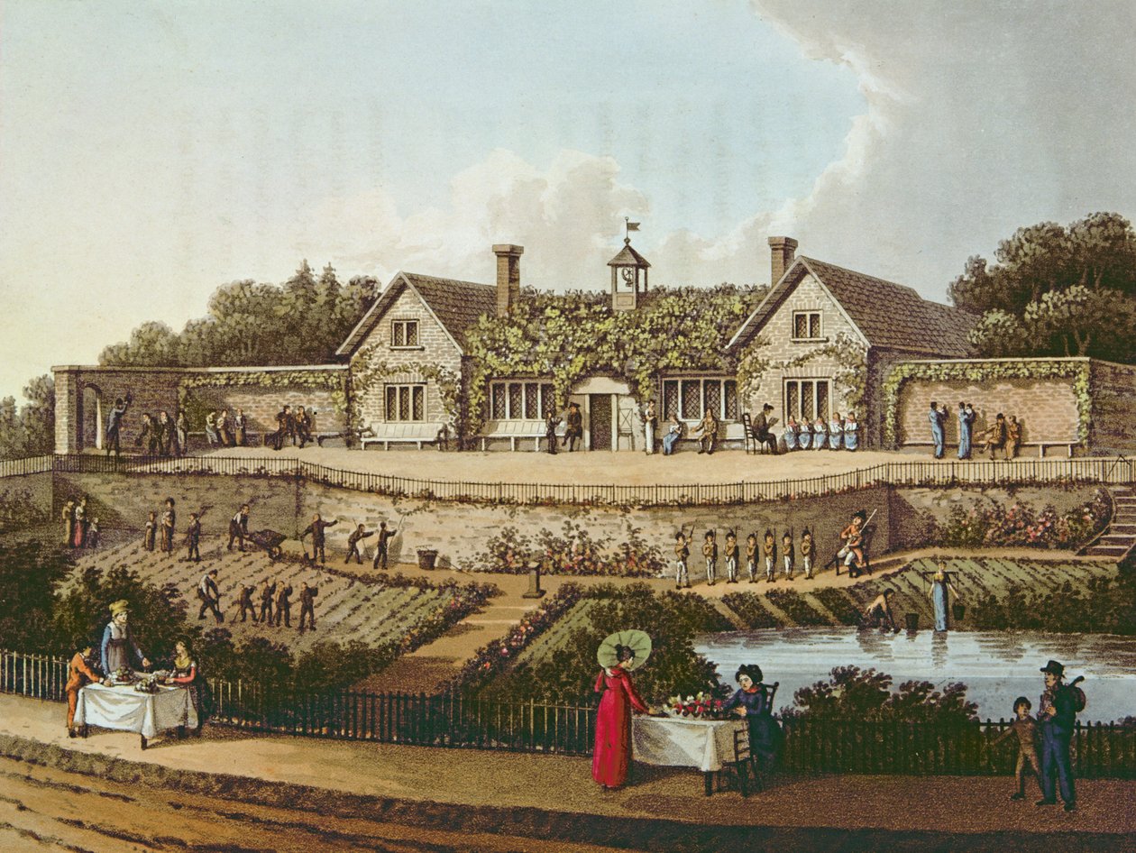 The Work House, illustration från "Fragments on the Theory and Practice of Landscape Gardening" av Humphry Repton, publicerad 1816 av Humphry Repton