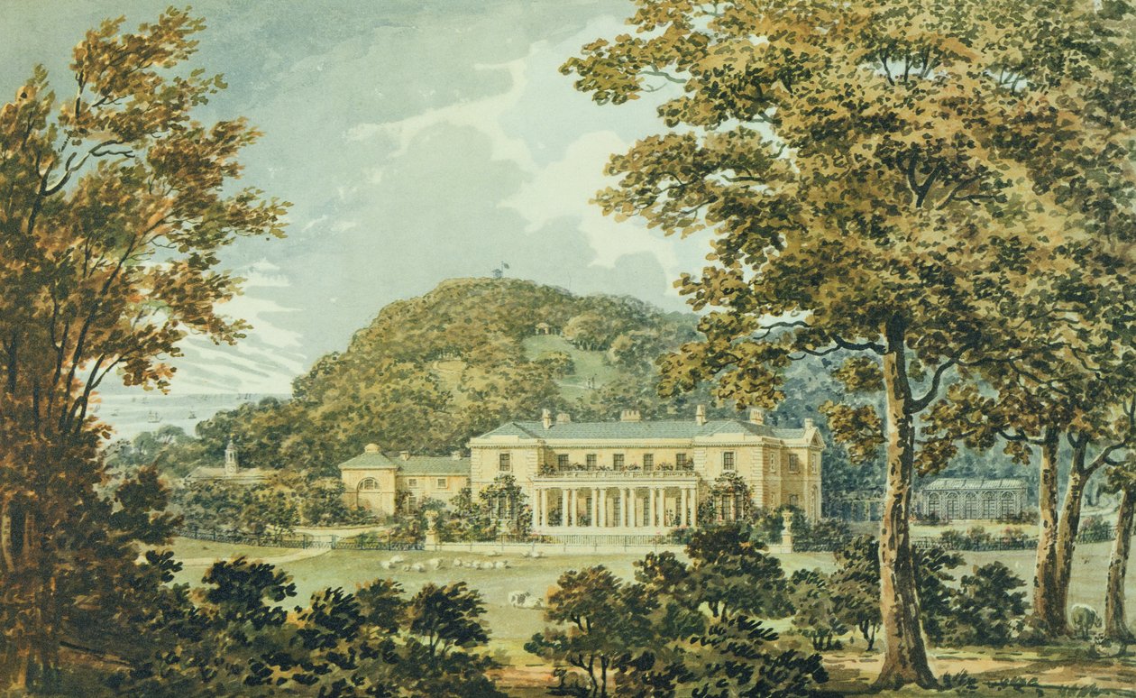 Sydfronten med östfronten i perspektiv, från Röda boken för Antony House, c.1812 av Humphry Repton