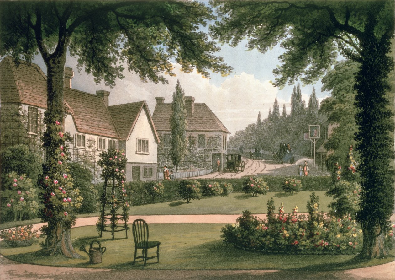Utsikt från min egen stuga i Essex (efter) från "fragment om teorin och praktiken för trädgårdsskötsel", pub. 1816 (färg litho) (se även 103915) av Humphry Repton