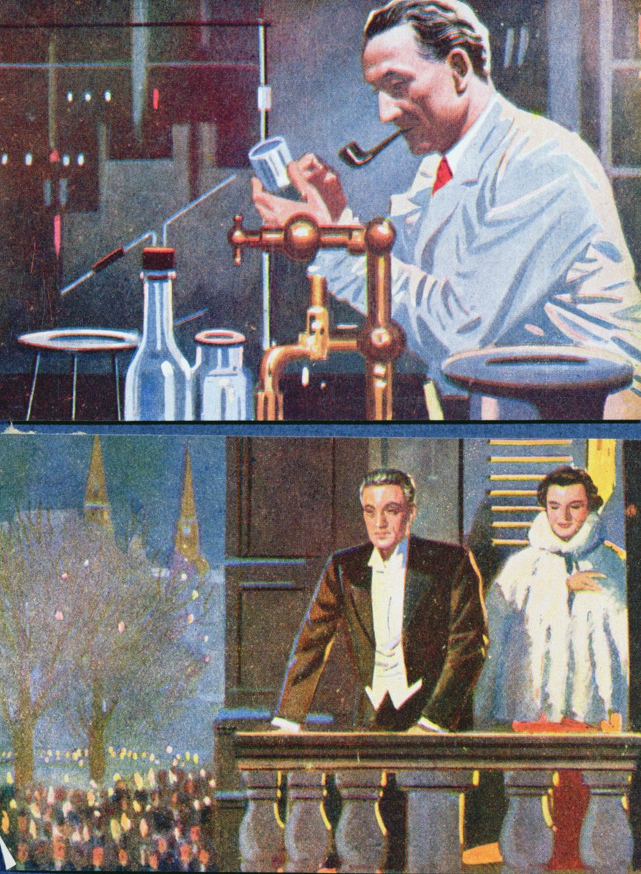Albert von Szent-Gyorgyi (1893-96) i sitt laboratorium och firade sin Nobelprisvinst 1937 av Hungarian School