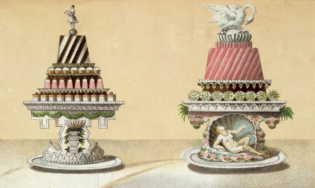 Design för presentationen av Charlottes a la Reine & Pain de Framboises a la Leda, illustration från en ungersk kokbok om fransk matlagning, ca 1880 av Hungarian School