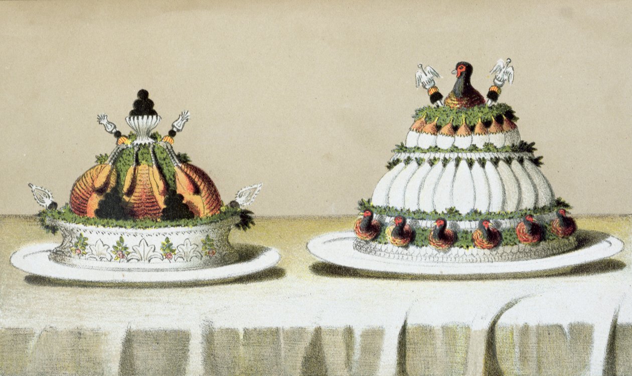 Design för presentation av kyckling fylld med foie gras och fasanbröst tillagade på Berthold-manér, illustration från en ungersk kokbok om fransk matlagning, ca 1880 av Hungarian School