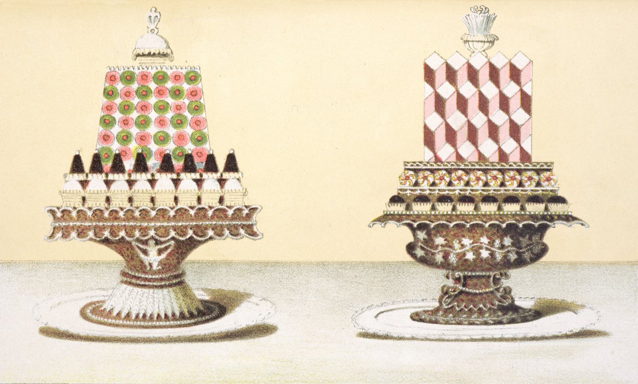 Design för presentation av desserter, illustration från en ungersk kokbok om fransk matlagning, ca 1880 av Hungarian School