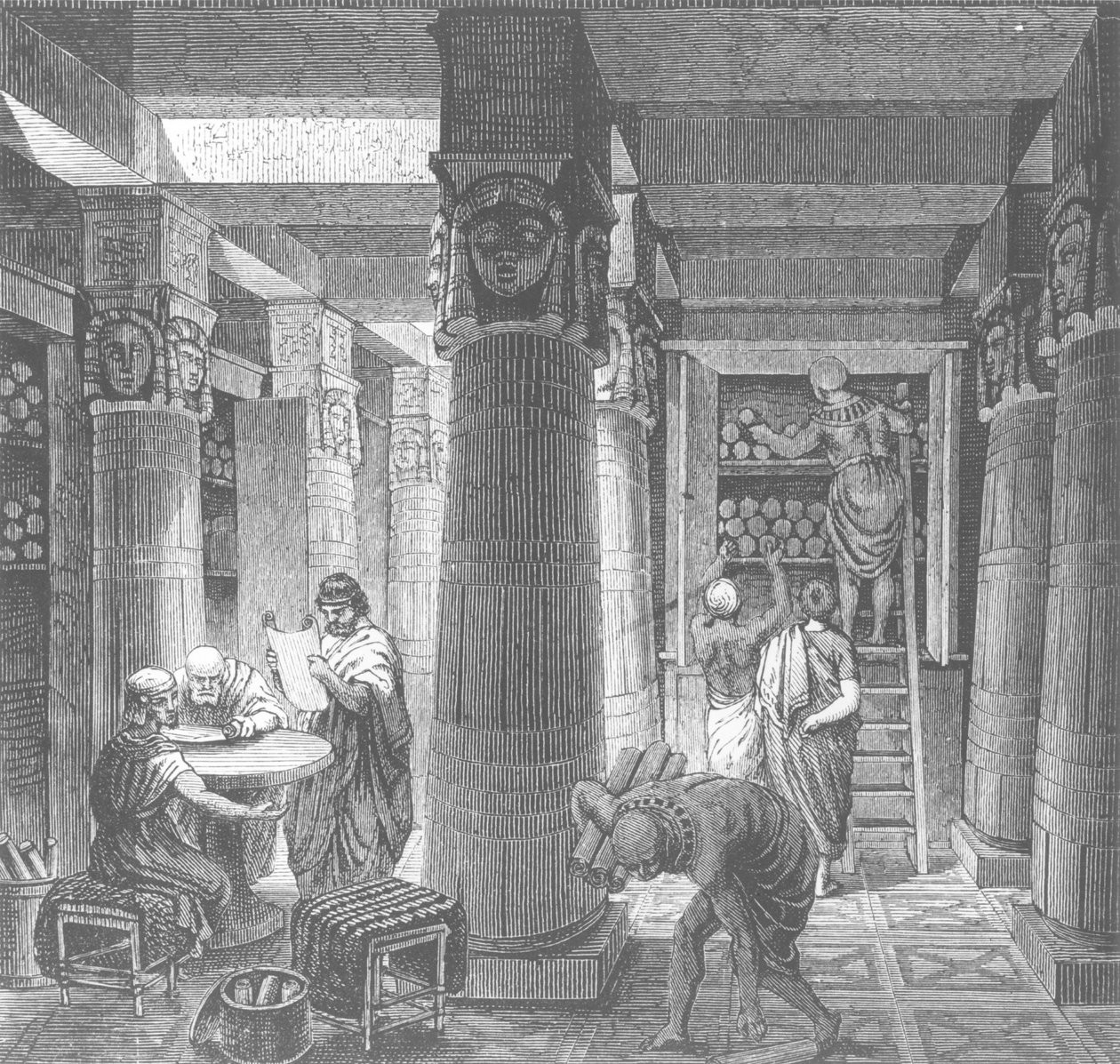Imaginär rekreation av Ptolemaios bibliotek i Alexandria, Egypten, från Histoire Generale des Peuples, 1880 av Hungarian School