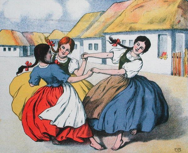 Bonddans. illustration från ett parti sånger av Arpad Balazs, ca 1910 (färg litho) av Hungarian School