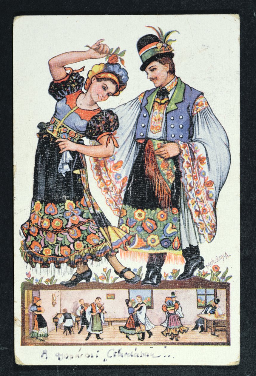 Vykort som visar ett ungerskt par som dansar en traditionell dans, 1943 av Hungarian School