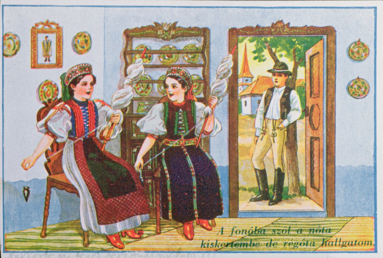 Vykort som föreställer kvinnor i traditionell ungersk klänning som snurrar och sjunger den populära sången Sing a Song to the Frog, ca 1940 av Hungarian School