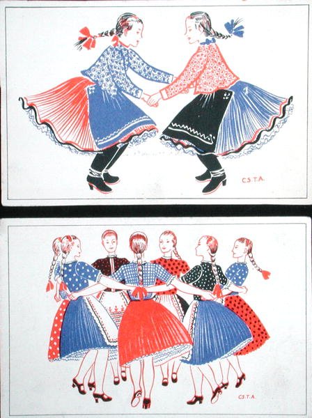 Vykort som föreställer traditionella ungerska danser, ca 1947-8 (lito i färg) av Hungarian School