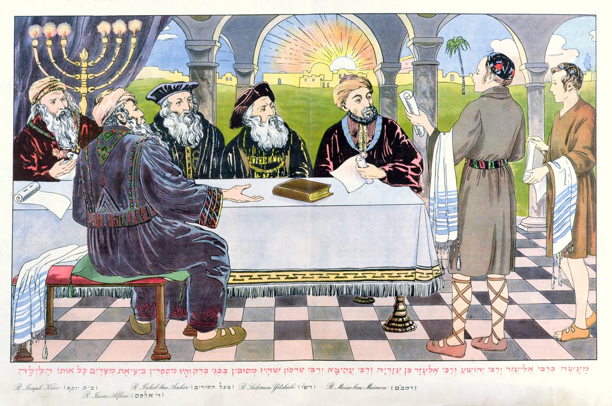 Savants vid Maimonides bord, från en påskhaggadah av Hungarian School
