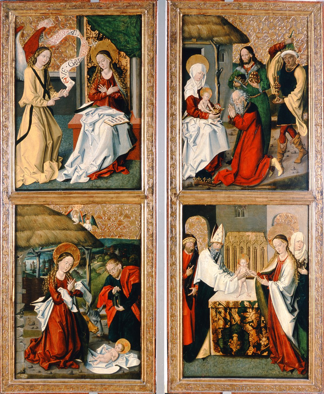 Bebådelsen, Kristi födelse, tillbedjan av männen och presentationen i templet från Szepeshely-altartavlan, 1480-90 av Hungarian School