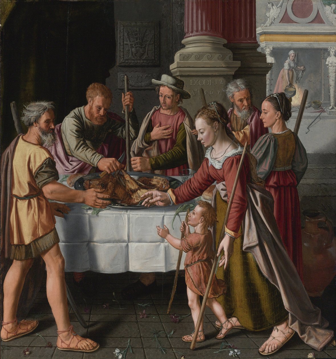""Första dagen av judisk påsk"" (Den första påskfesten) Målning av Huybrecht Beuckelaer (aktiv omkring 1563-1584) - 1563 - Olja på trä Dim 105x99 cm Privat samling av Huybrecht Beuckeleer or Beuckelaer
