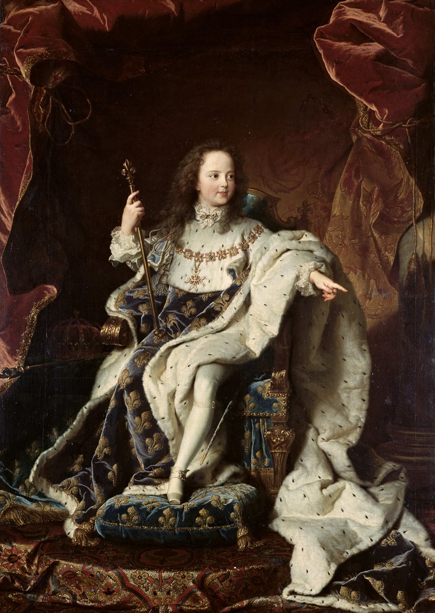 Porträtt av Ludvig XV (1710-74) i kröningsdräkt, 1715 av Hyacinthe Francois Rigaud