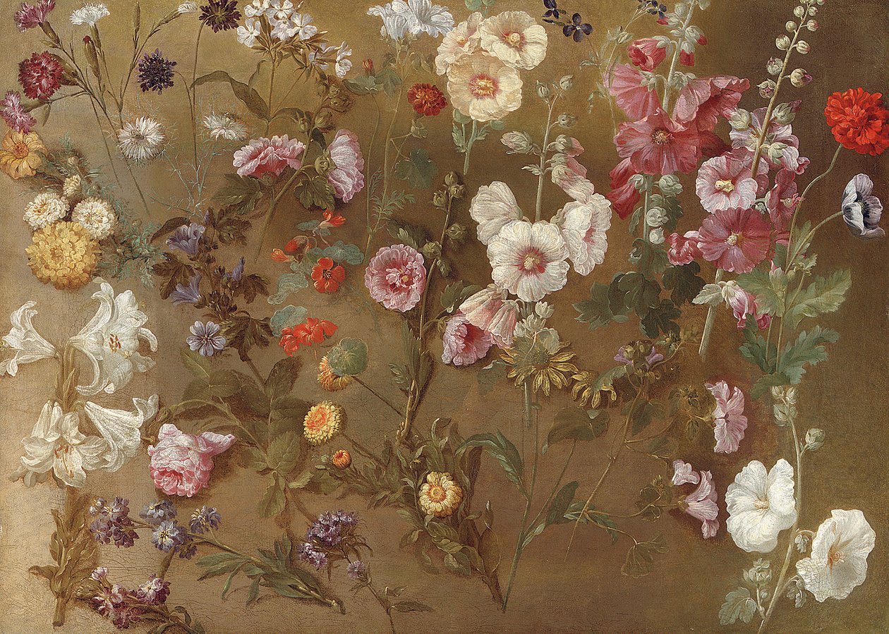 Sammansättning av blomstudier inklusive nejlikor, nålkuddsblommor, studsbett, malva; stockrosor, afrikansk ringblomma, förgätmigej av Hyacinthe Francois Rigaud