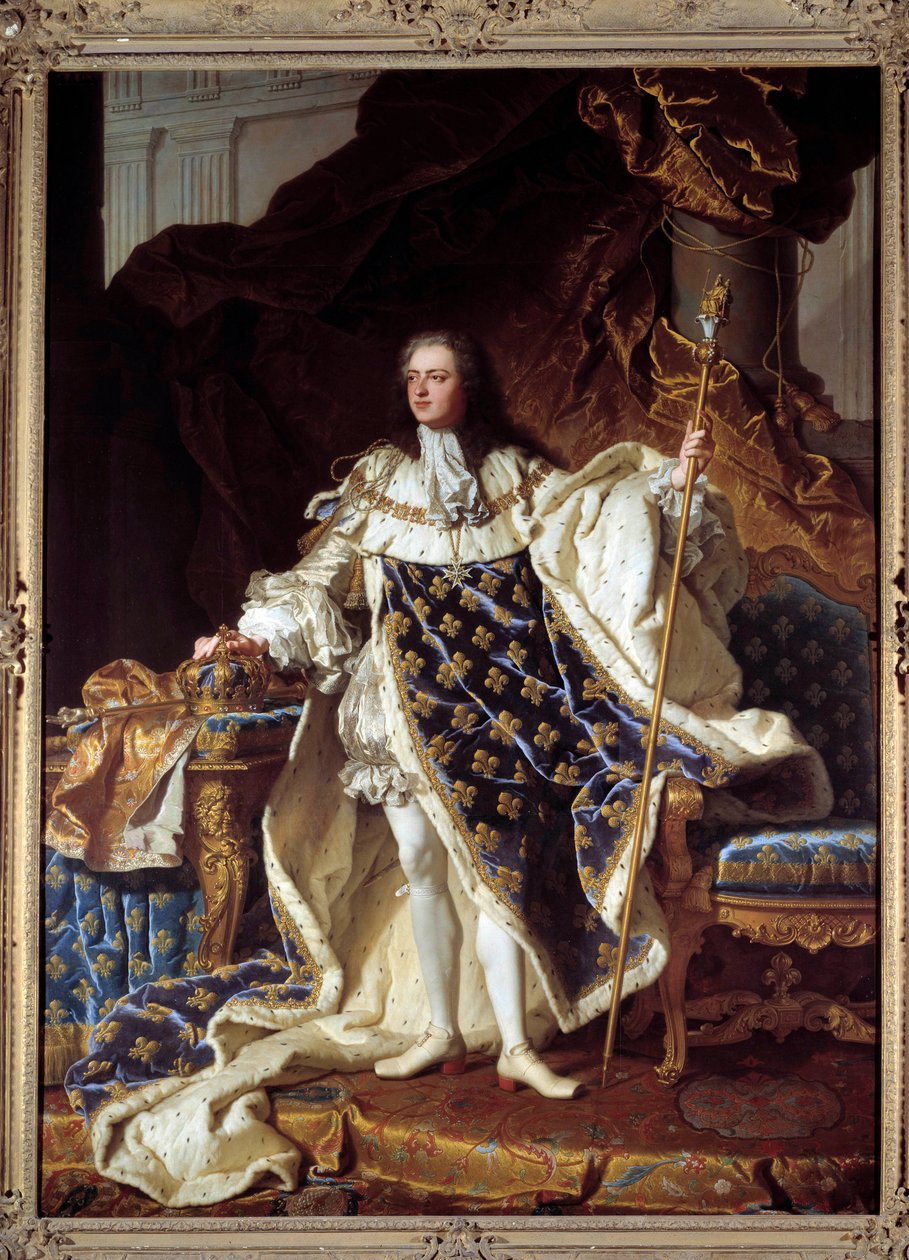 Hellängdsporträtt av Ludvig XV i corres kostym (1710-1774) Målning av Hyacinthe Rigaud (1659-1743). 1730. Storlek 2,71 x 1,94 m. Versailles, musee du Chateau - Hellängdsporträtt av Ludvig XV i kröningsdräkt (1710-1774). Målning av Hyacinthe Rigaud ( av Hyacinthe Francois Rigaud