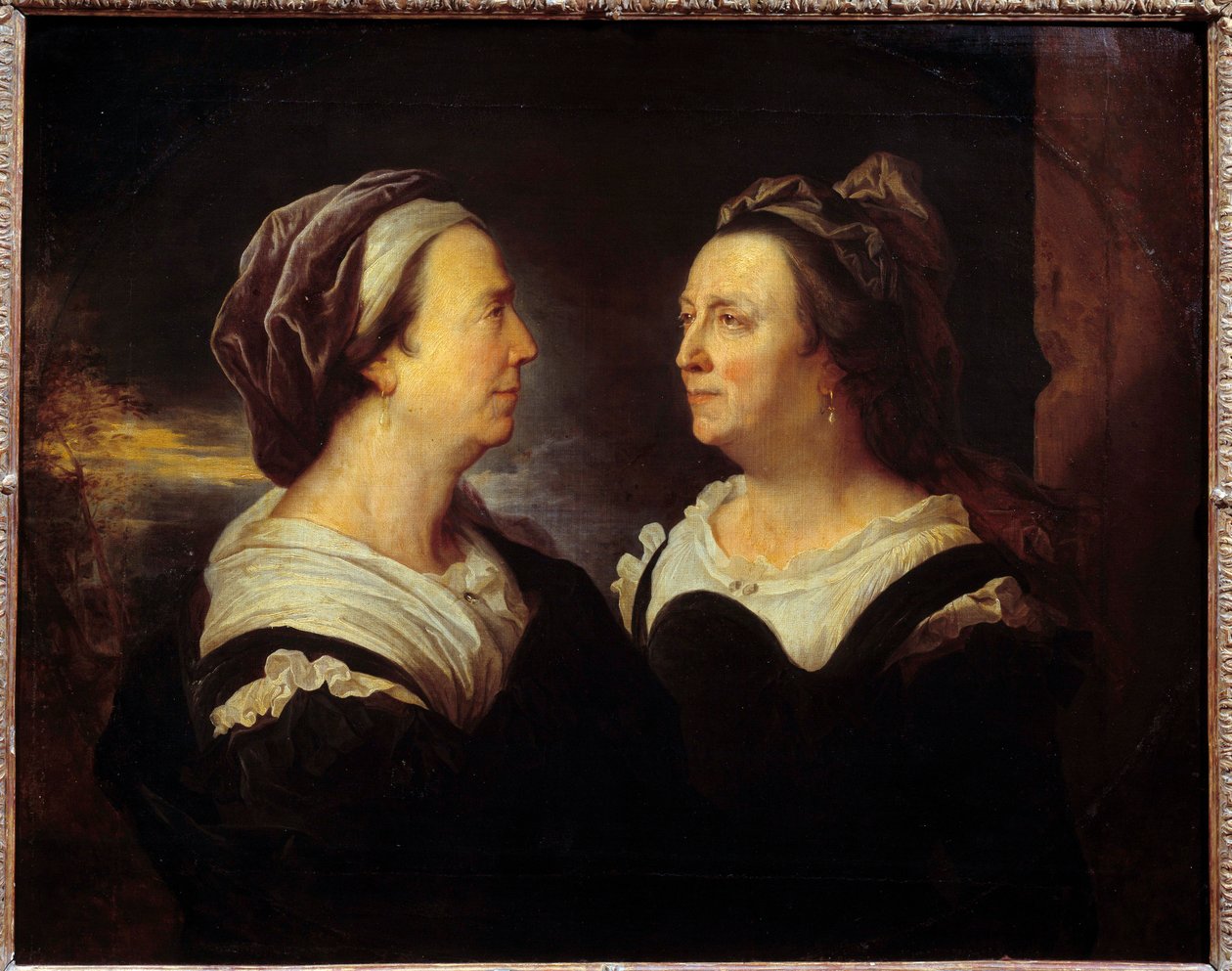 Porträtt av fru Rigauds mor i två olika attityder. Dubbelporträtt av en kvinna i profil (vänster och höger). Målning av Hyacinthe Rigaud (1659-1743) 1695 sön. 0,83x1,03 m av Hyacinthe Francois Rigaud