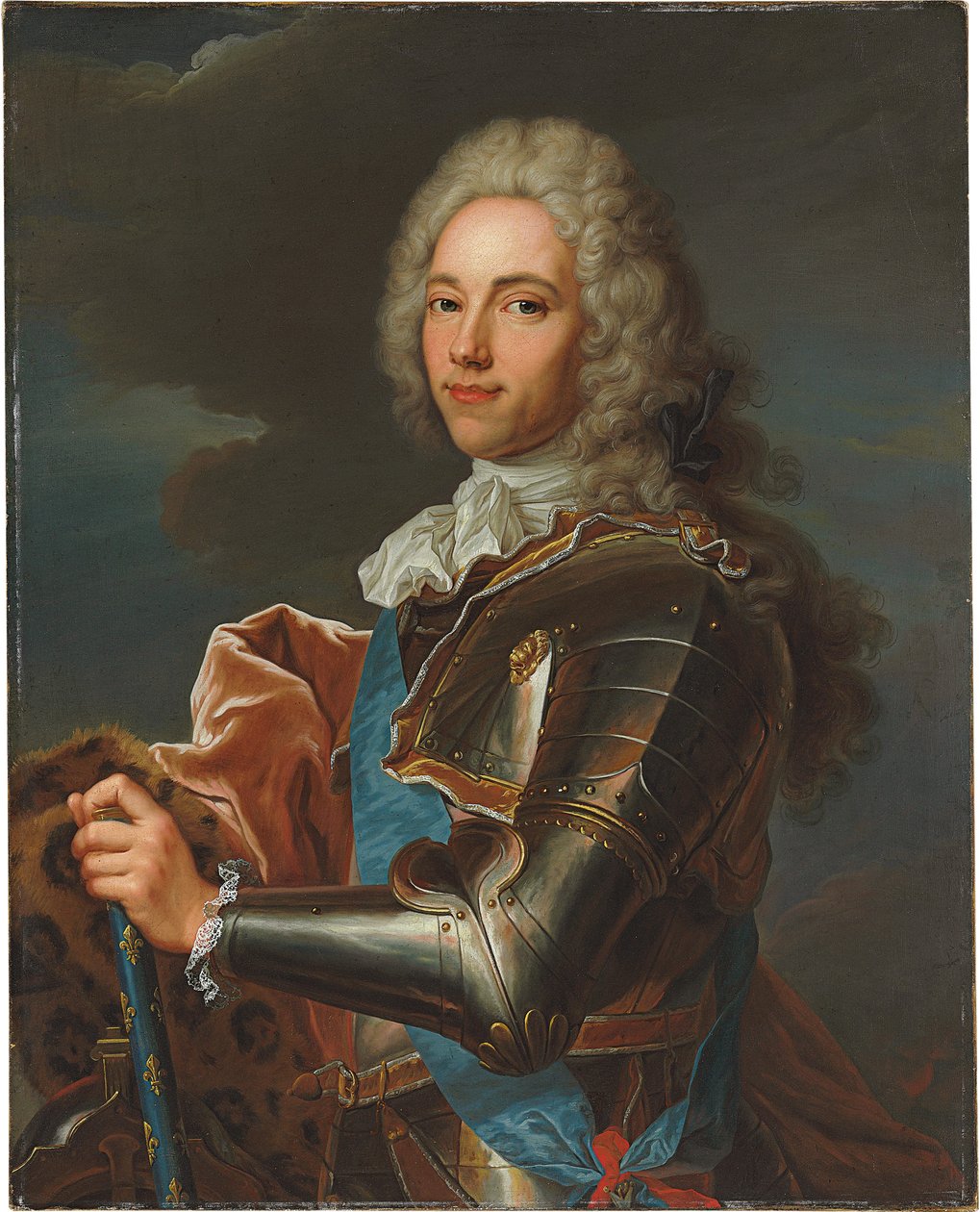 Porträtt av Duc de Broglie, i skärp av Sainte Esprit-orden, med batong av en marskalk av Frankrike av Hyacinthe Francois Rigaud