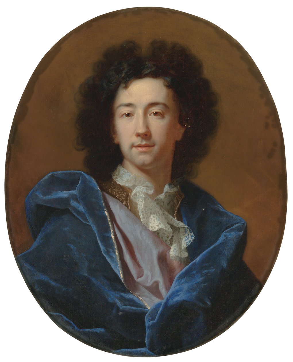 Porträtt av konstnären, bystlång, i spetskrage och blå kappa av Hyacinthe Francois Rigaud