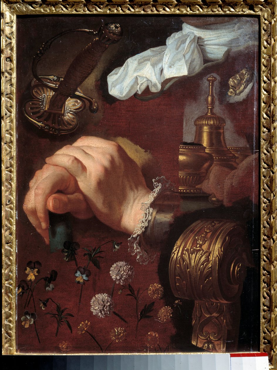 Studie av korsade händer, tyger, blommor, klocka, epee Målning av Hyacinthe Rigaud (1659-1743) 1700-talets Rouen, Musee des Beaux Arts av Hyacinthe Francois Rigaud